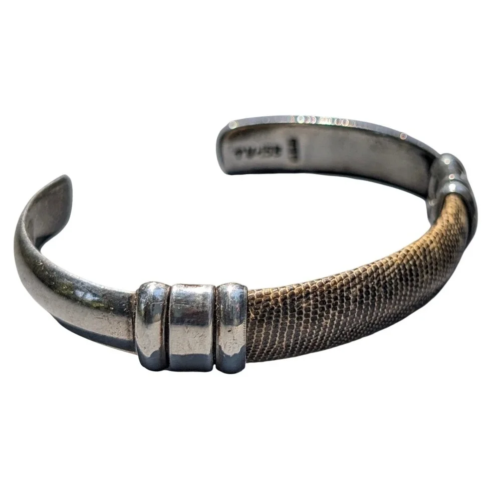 Vintage Taxco Mexico 925 Sterling Silver Snakeskin Inlay Cuff Bracelet TV-153